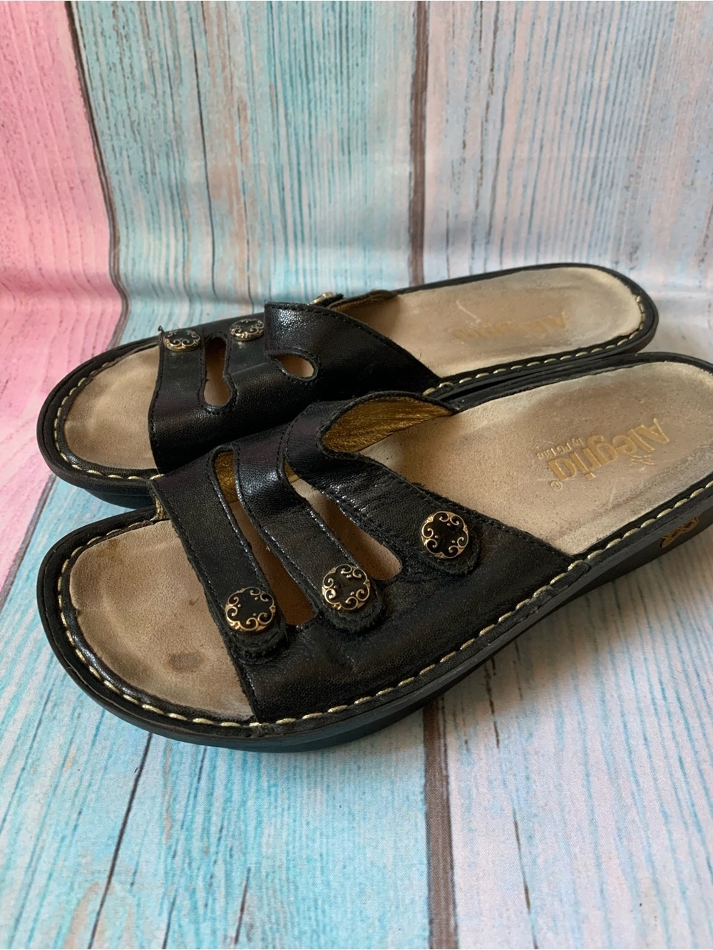 Alegria Black Women's Slide Sandals with Decorative Buttons - Picture 6 of 10